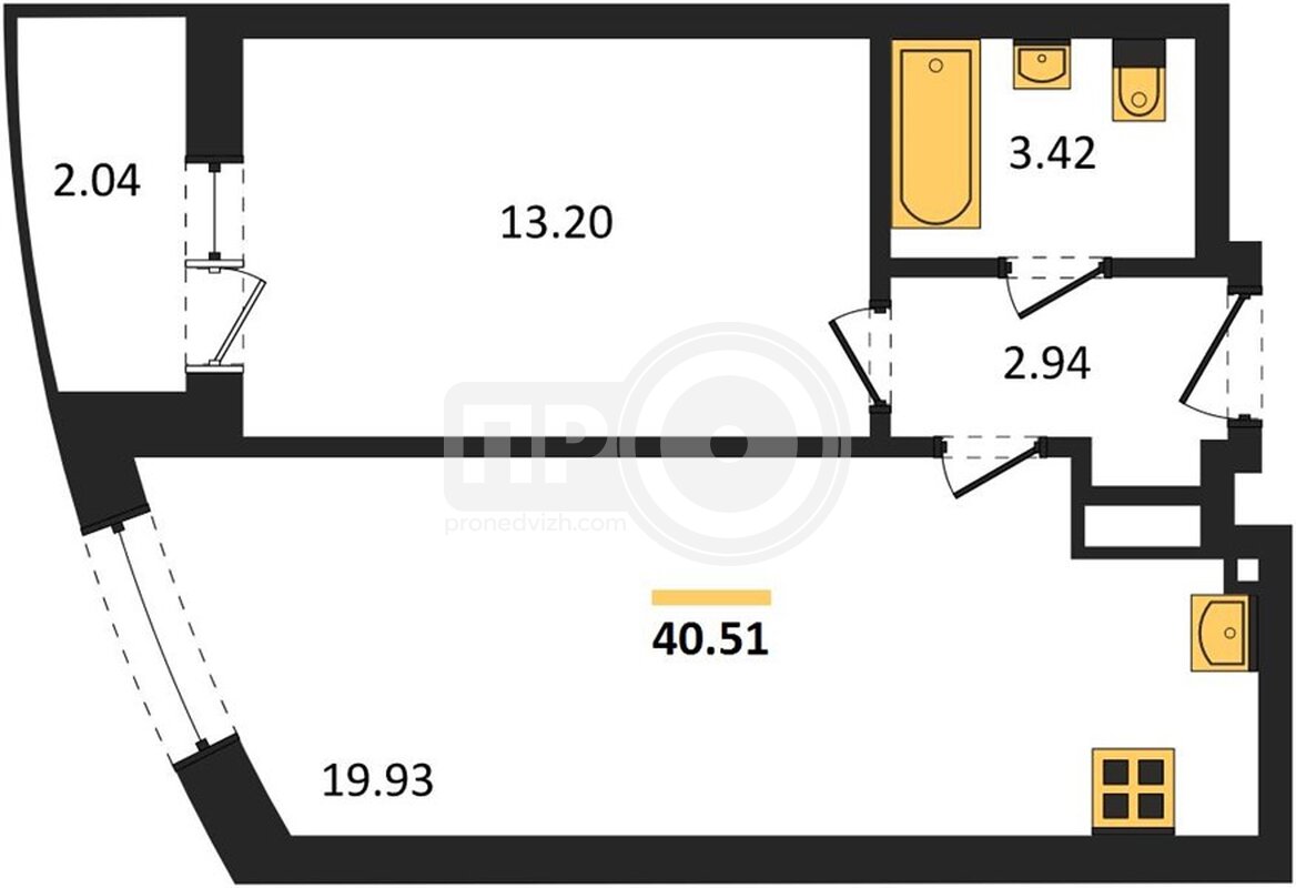 1-комнатная квартира, 40.51кв.м