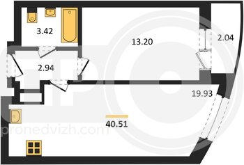 Миниатюра 1-комнатная квартира, 40.51кв.м