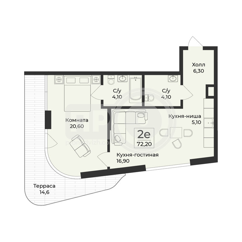 2-комнатная квартира, 72.3кв.м