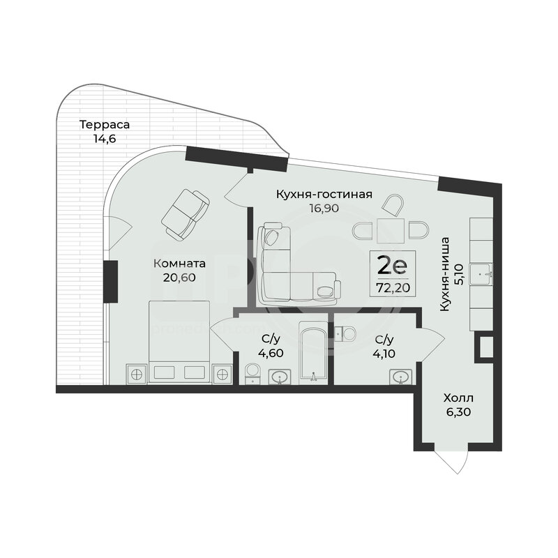 2-комнатная квартира, 72.3кв.м