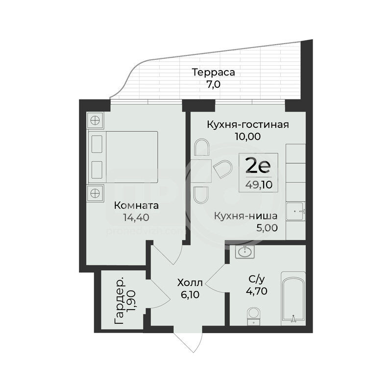 2-комнатная квартира, 49.1кв.м