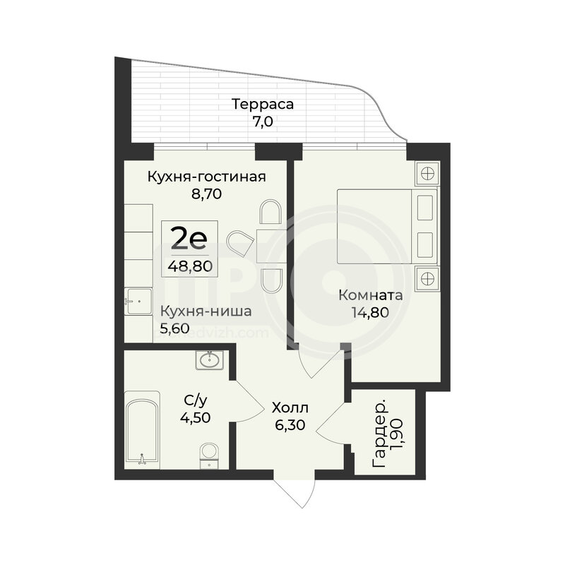 2-комнатная квартира, 52.3кв.м