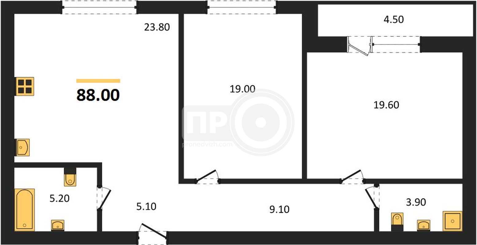 2-комнатная квартира, 88кв.м