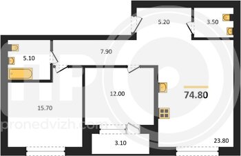 Миниатюра 2-комнатная квартира, 74.8кв.м