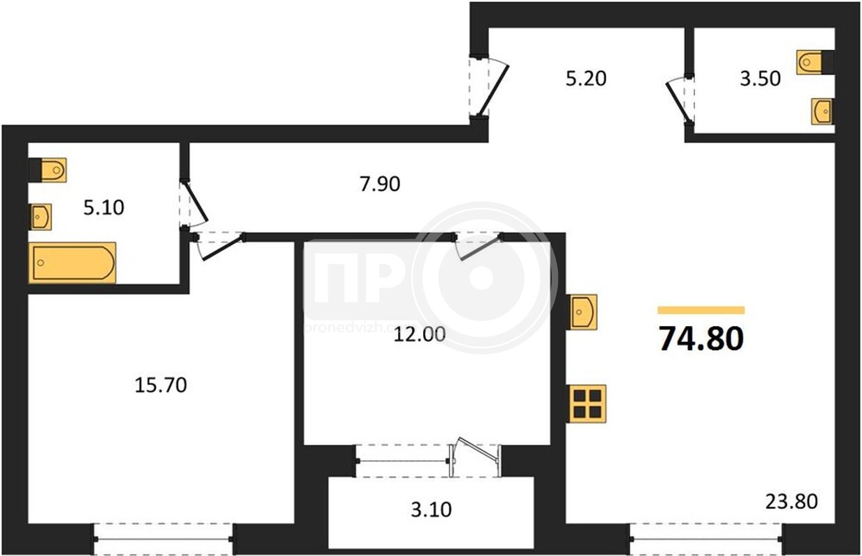 2-комнатная квартира, 74.8кв.м