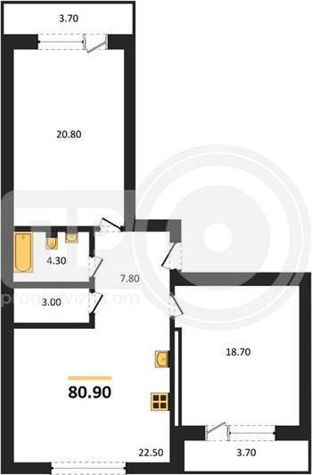 Миниатюра 2-комнатная квартира, 80.9кв.м