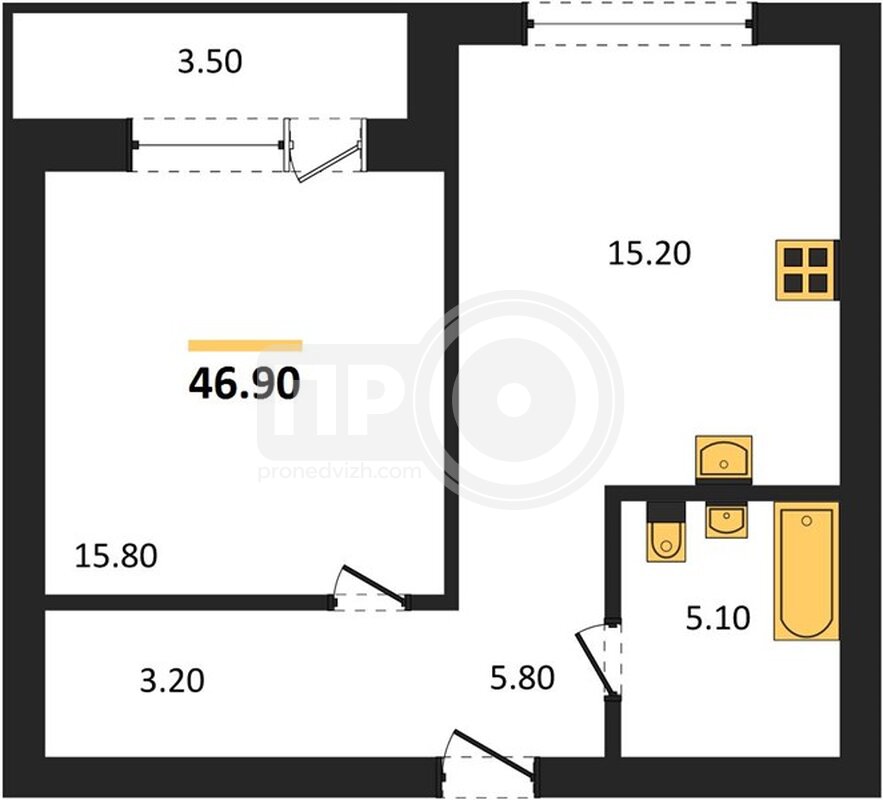 1-комнатная квартира, 46.9кв.м