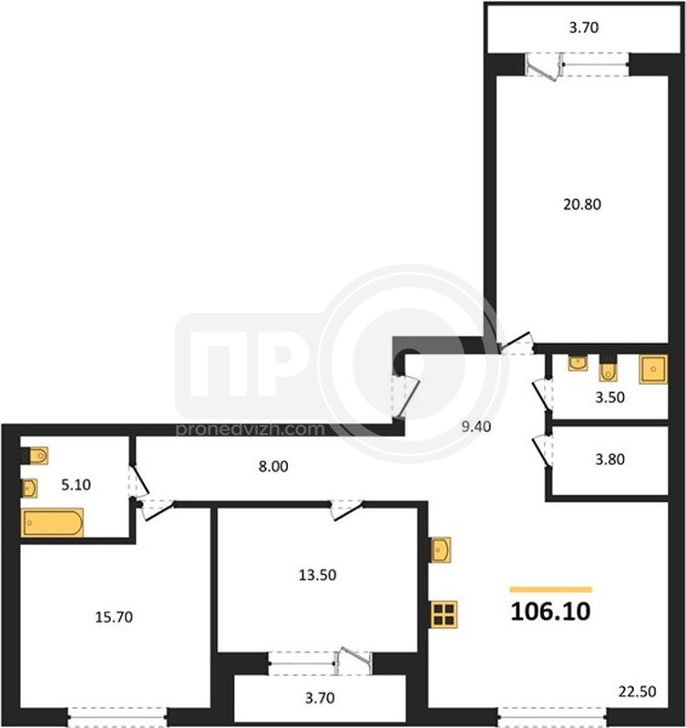 3-комнатная квартира, 106.1кв.м