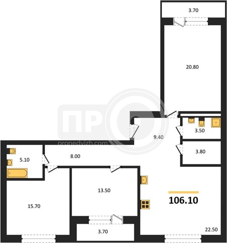 3-комнатная квартира, 106.1кв.м