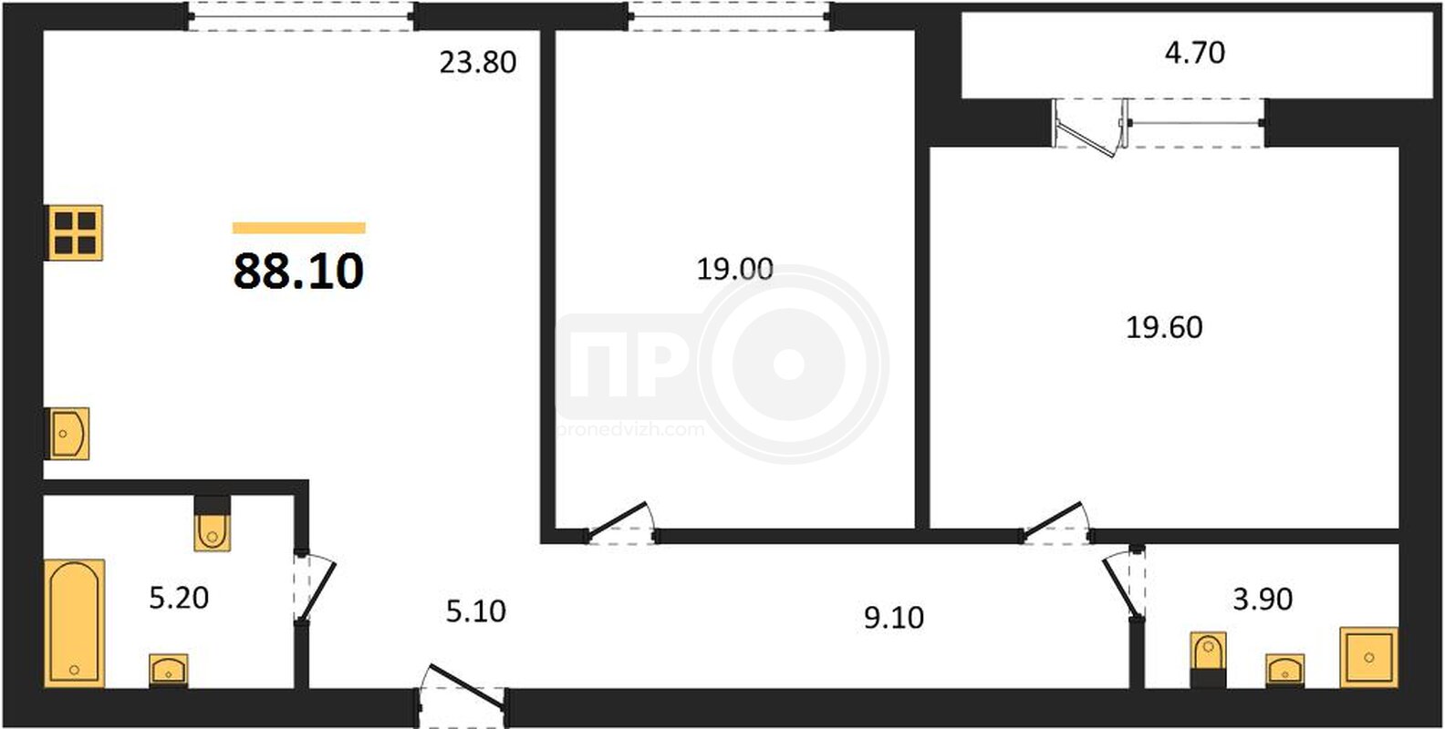 2-комнатная квартира, 88.1кв.м
