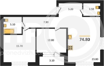Миниатюра 2-комнатная квартира, 74.8кв.м