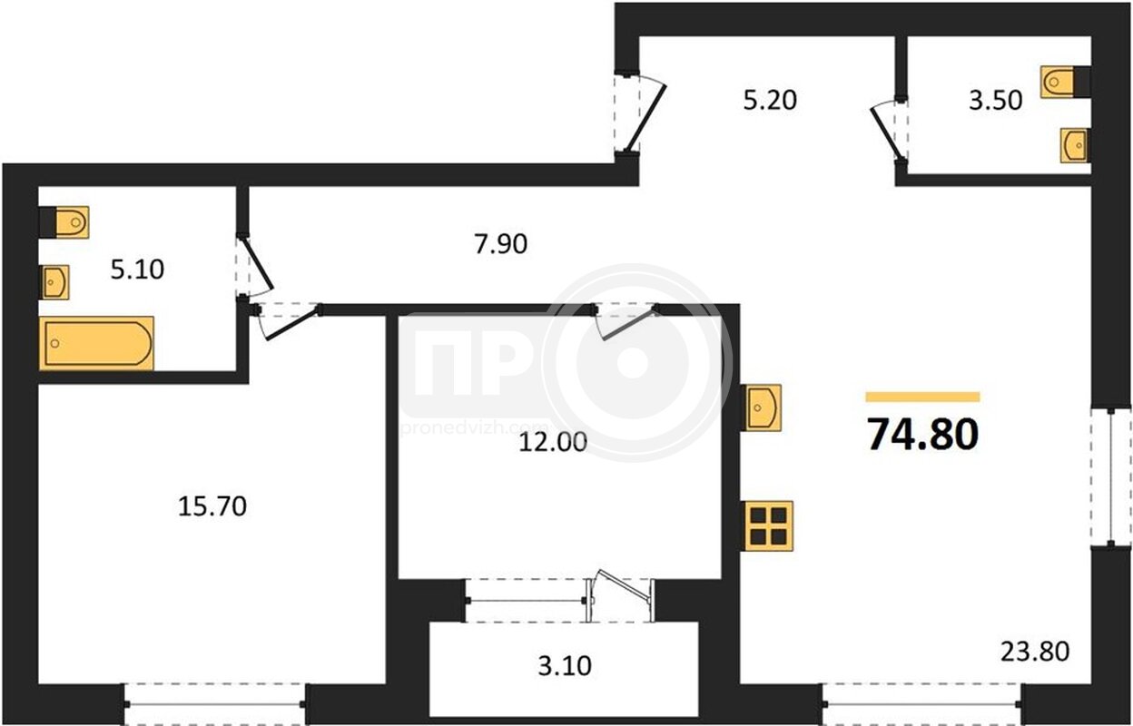 2-комнатная квартира, 74.8кв.м
