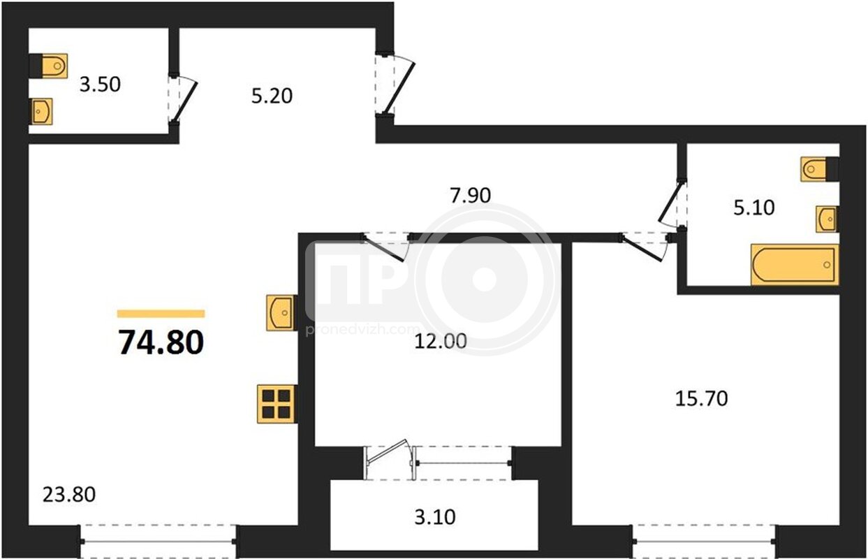 2-комнатная квартира, 74.8кв.м
