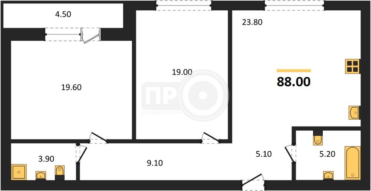2-комнатная квартира, 88кв.м