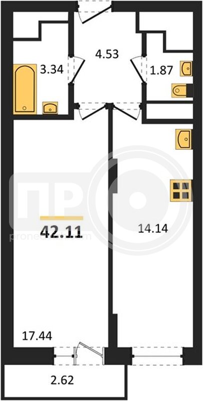 1-комнатная квартира, 42.11кв.м