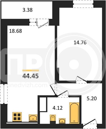 Миниатюра 1-комнатная квартира, 44.45кв.м