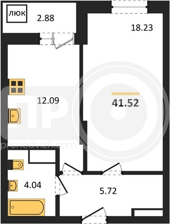 Миниатюра 1-комнатная квартира, 41.52кв.м