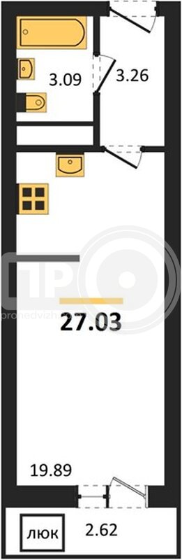 1-комнатная квартира, 27.03кв.м