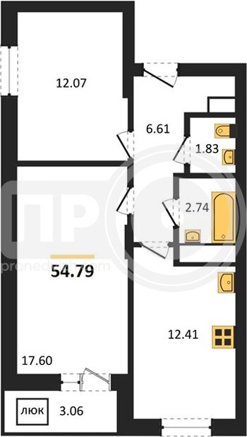 Миниатюра 2-комнатная квартира, 54.79кв.м