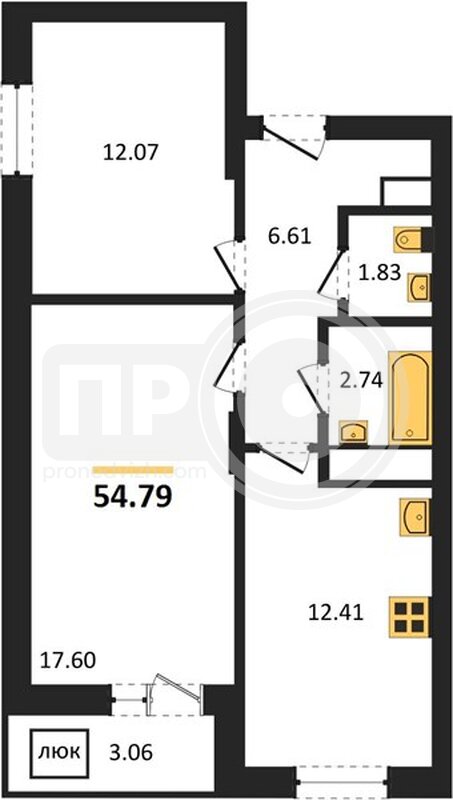 2-комнатная квартира, 54.79кв.м