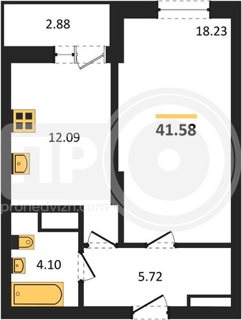 Миниатюра 1-комнатная квартира, 41.58кв.м