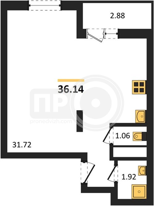 1-комнатная квартира, 36.14кв.м
