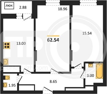 Миниатюра 2-комнатная квартира, 62.54кв.м