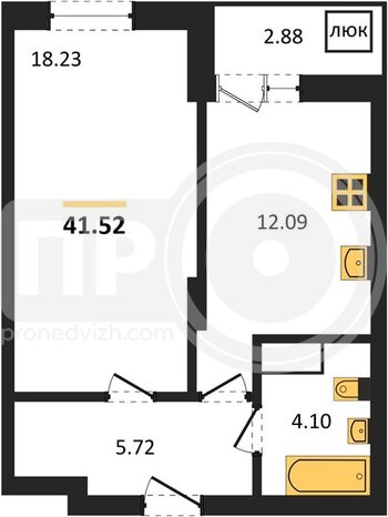 Миниатюра 1-комнатная квартира, 41.52кв.м