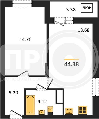 Миниатюра 1-комнатная квартира, 44.38кв.м