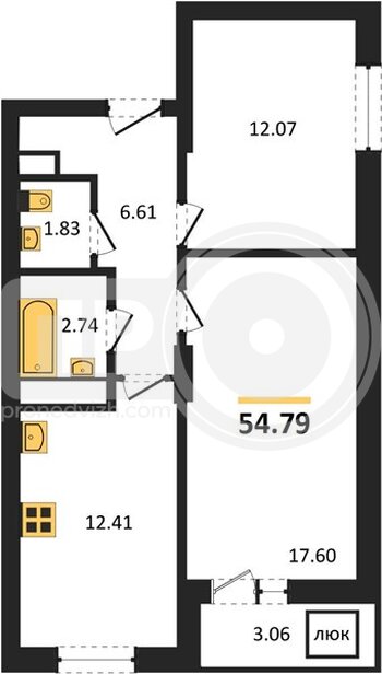Миниатюра 2-комнатная квартира, 54.79кв.м