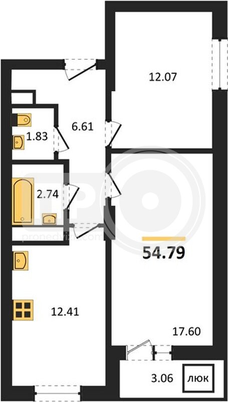 2-комнатная квартира, 54.79кв.м