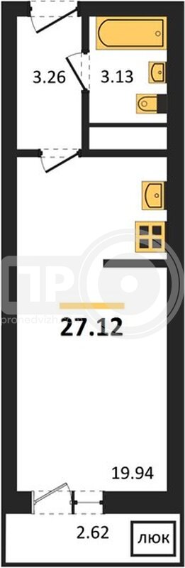 1-комнатная квартира, 27.12кв.м