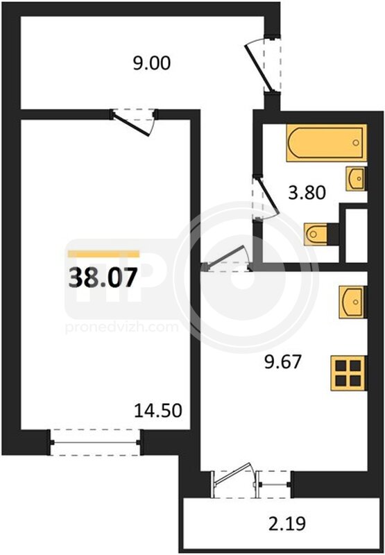 1-комнатная квартира, 38.07кв.м