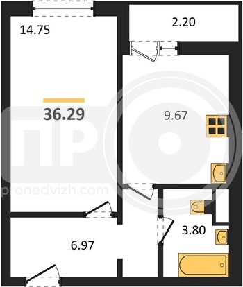 Миниатюра 1-комнатная квартира, 36.29кв.м