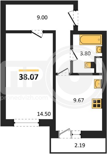 Миниатюра 1-комнатная квартира, 38.07кв.м