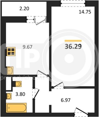 Миниатюра 1-комнатная квартира, 36.29кв.м