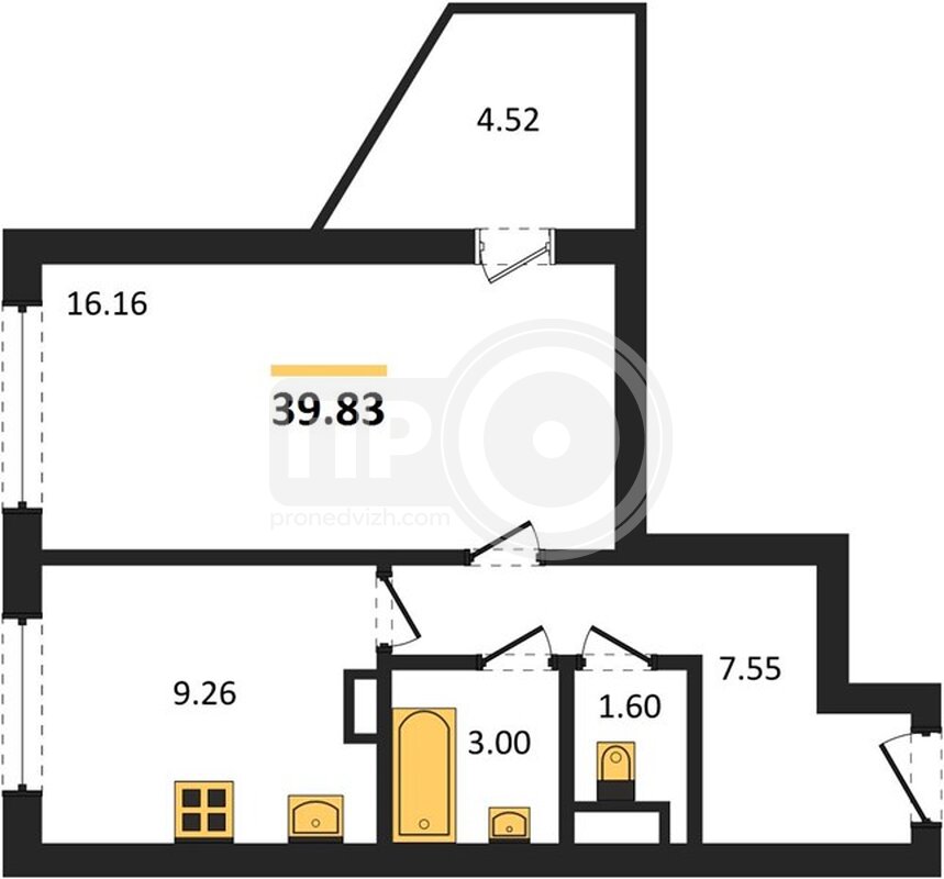1-комнатная квартира, 39.83кв.м