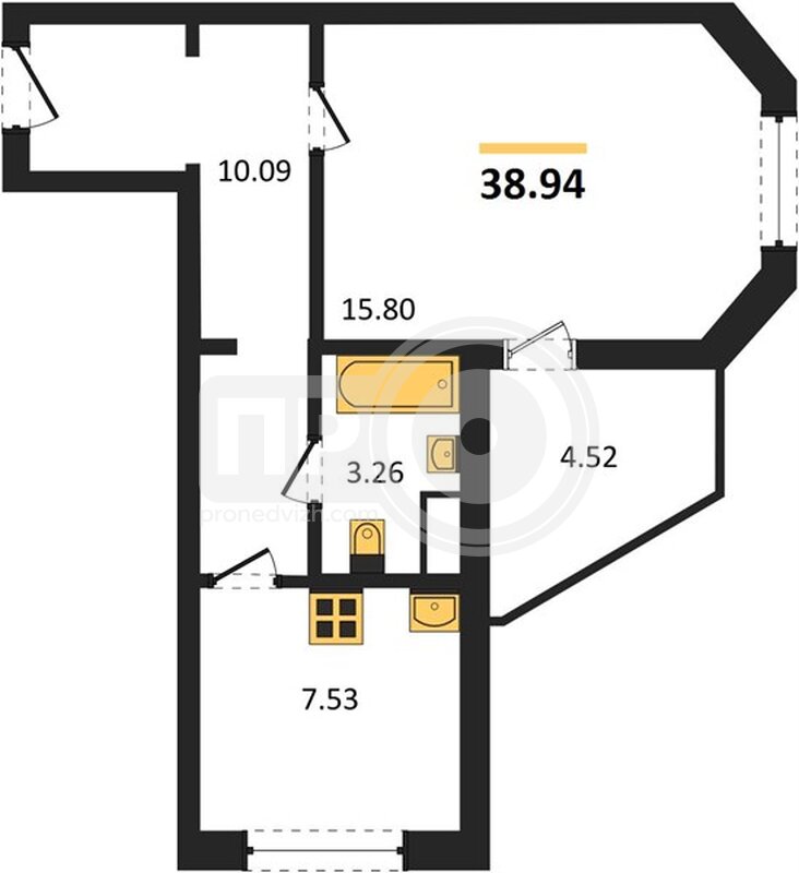 1-комнатная квартира, 38.94кв.м