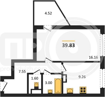 Миниатюра 1-комнатная квартира, 39.83кв.м