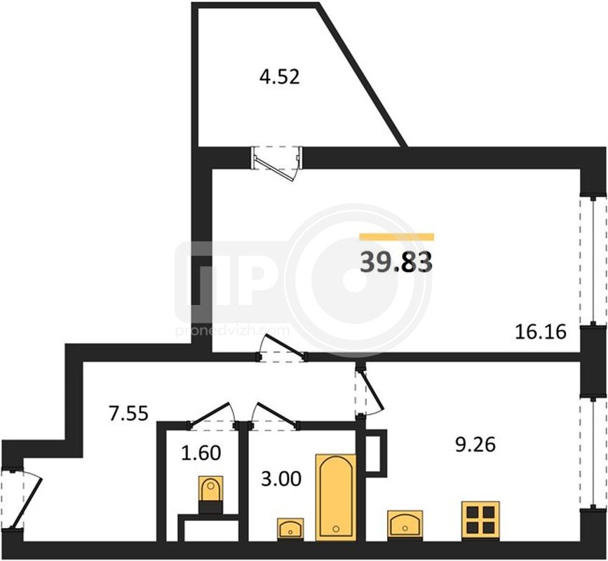 1-комнатная квартира, 39.83кв.м