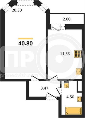 Миниатюра 1-комнатная квартира, 40.8кв.м