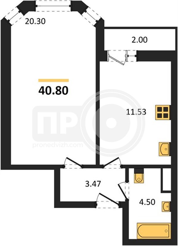 1-комнатная квартира, 40.8кв.м