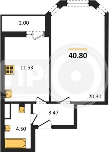 Миниатюра 1-комнатная квартира, 40.8кв.м
