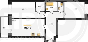 Миниатюра 2-комнатная квартира, 70.46кв.м