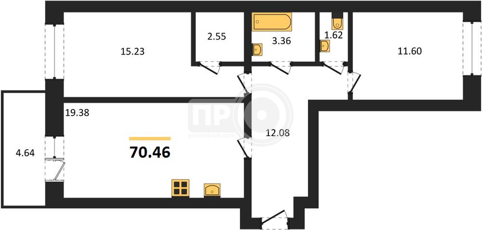 2-комнатная квартира, 70.46кв.м