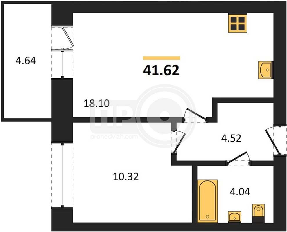 1-комнатная квартира, 41.62кв.м