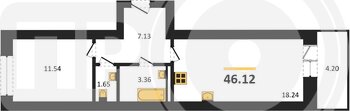 Миниатюра 1-комнатная квартира, 46.12кв.м
