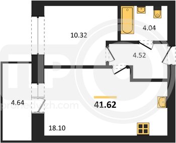 Миниатюра 1-комнатная квартира, 41.62кв.м