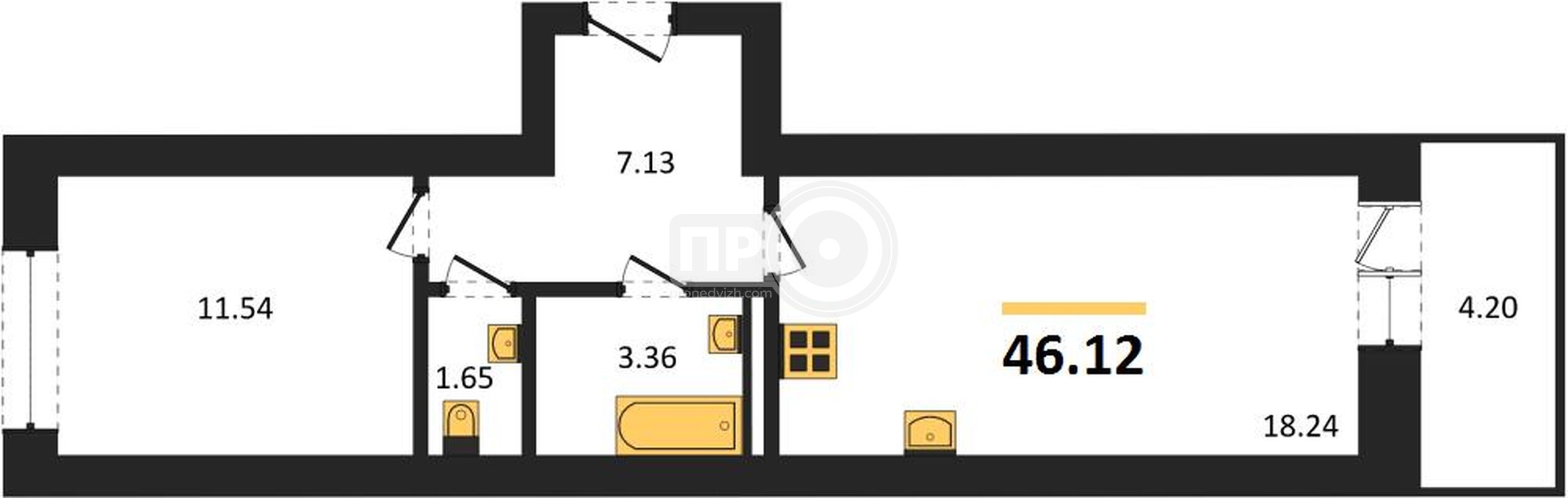 1-комнатная квартира, 46.12кв.м