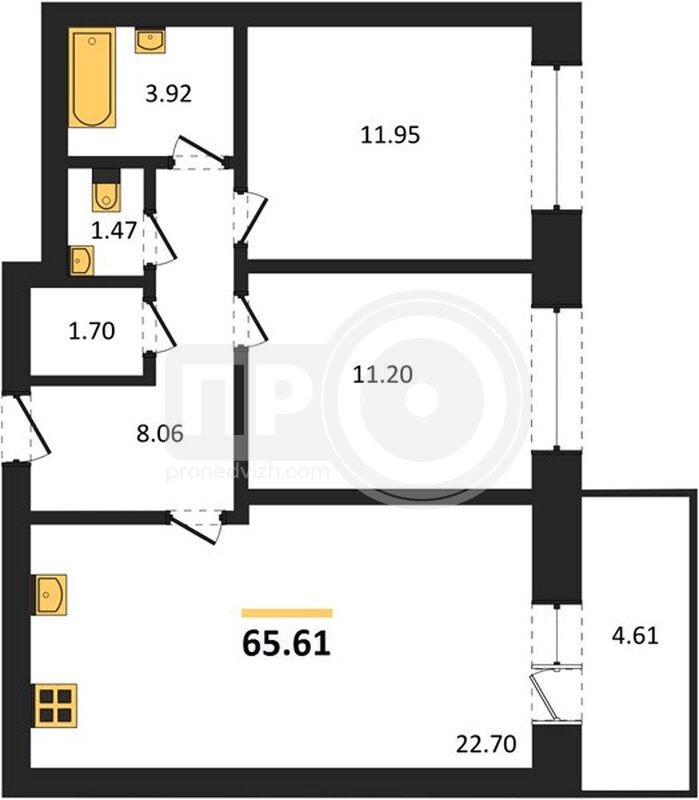 2-комнатная квартира, 65.61кв.м